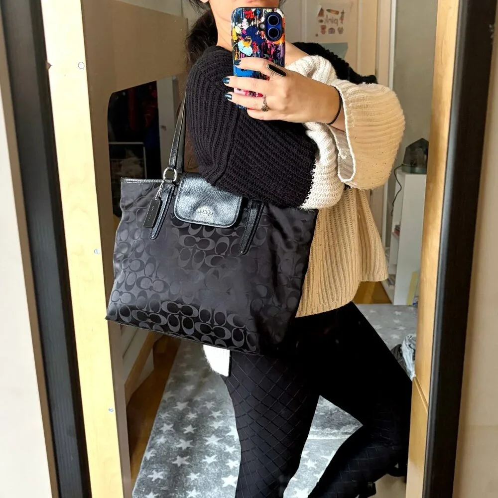 Coach Ward Tote in Signature Black Nylon w/ Leather Details